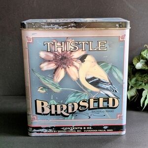 Tin Canister Thistle Bird Seed Storage Eastern Meadowlark Cottagecore Cabincore